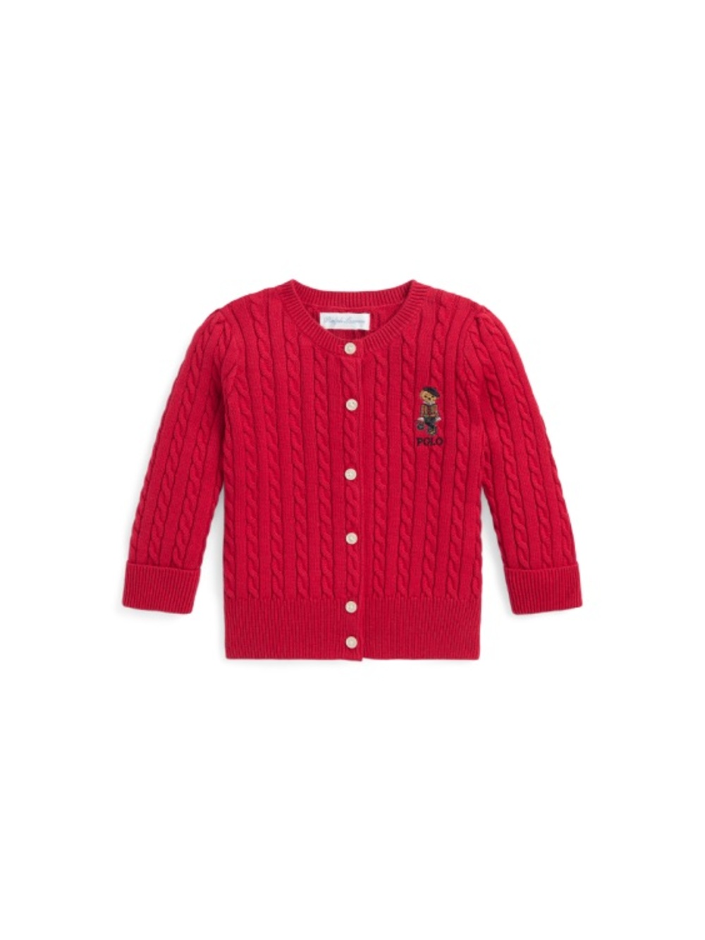 Polo Ralph Lauren Baby Girls Cable Knit Polo Bear Cardigan Sweater Red 18 M